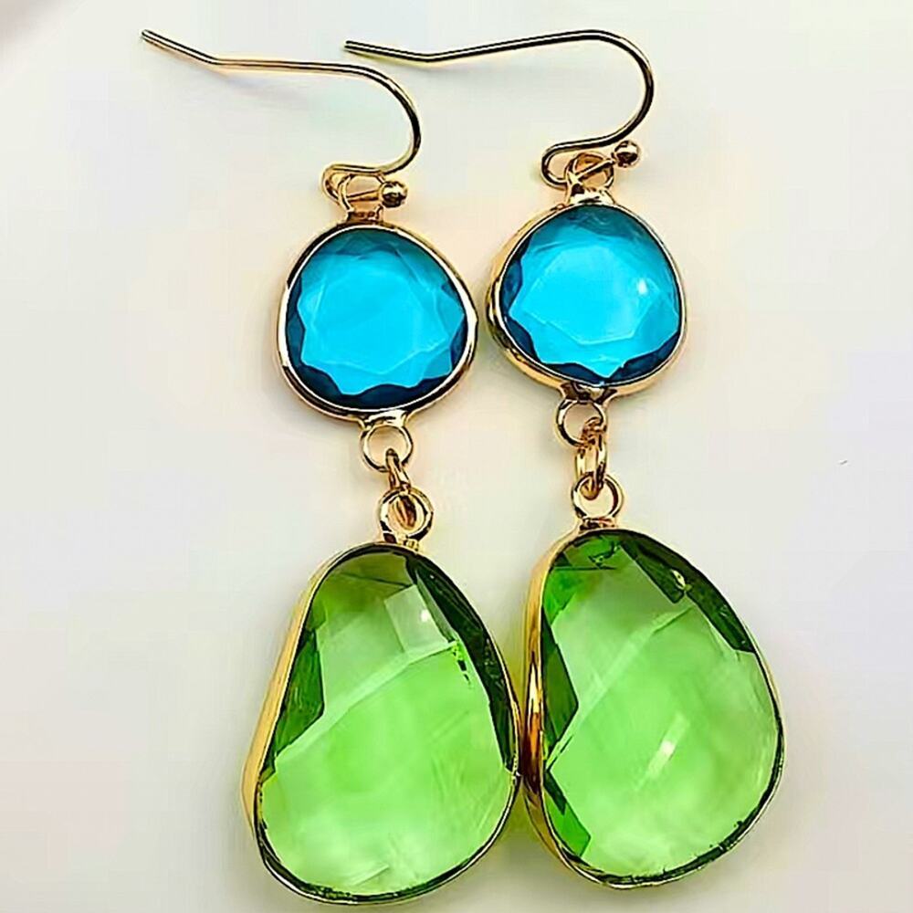 Gold Vintage Gemstone Crystal Blue Green Dangle Earrings